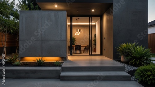 The keywords are listed alphabetically, not by inferred rank.... Modern house entrance at night with concrete walls, steps, lighting, and landscaping. photo