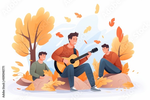 A group of tourists is relaxing around a campfire with a guitar. Illustration in pastel colors.