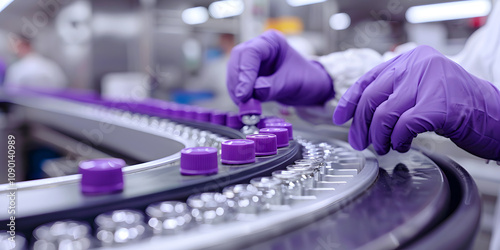 Scientist with Hand Gloves Close-up Examining Medicine Vials on Production Line in Laboratory. Research for Pharmaceutical Ads, Health Blogs, Articles, Factory Marketing, Social Media, Journals