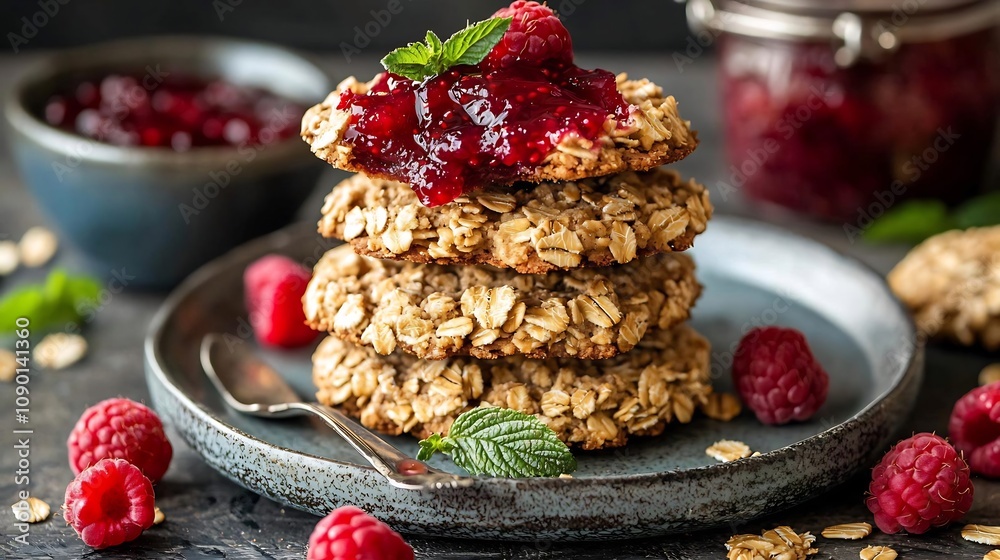 Fototapeta premium Stacked Raspberry Oatmeal Cookies with Homemade Jam on Rustic Wooden Background