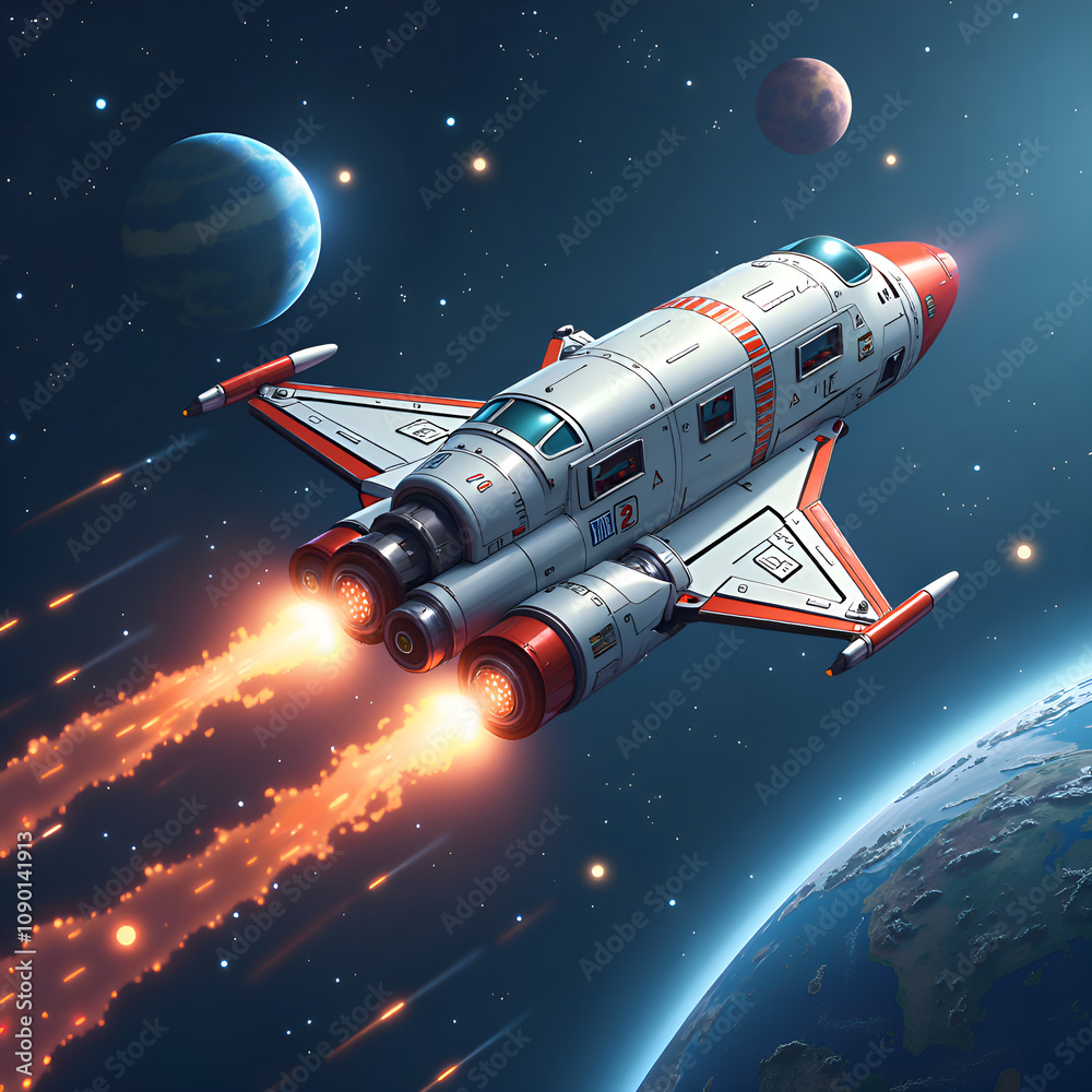 Obraz premium Futuristic spacecraft soaring through the cosmos near distant planets, digital art of science fiction concept.