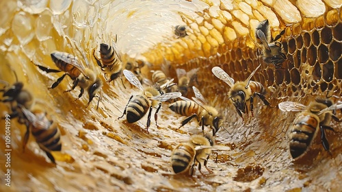 Swarming Honeybees Inside a Golden Honeycomb in a Lush Garden