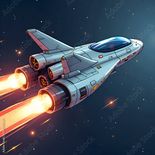 A futuristic spaceship igniting its thrusters in deep space exploration, digital illustration of science fiction concept. photo