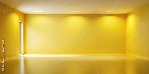 Empty yellow room with recessed lighting and single window