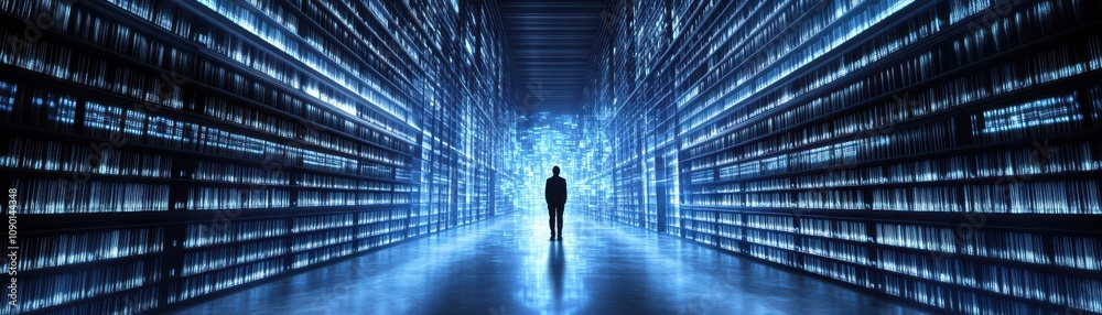 Fototapeta premium A solitary figure surrounded by vast digital data storage.
