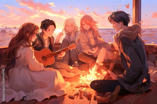 A group of tourists is relaxing around a campfire with a guitar. Illustration in pastel colors.