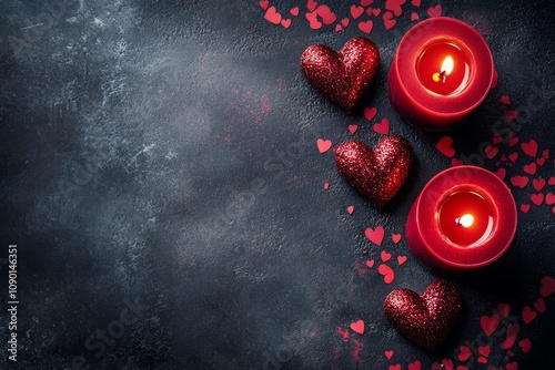 Romantic candles adorned with heart designs illuminate a black backdrop, creating a captivating atmosphere filled with love and passion for Valentine's Day.