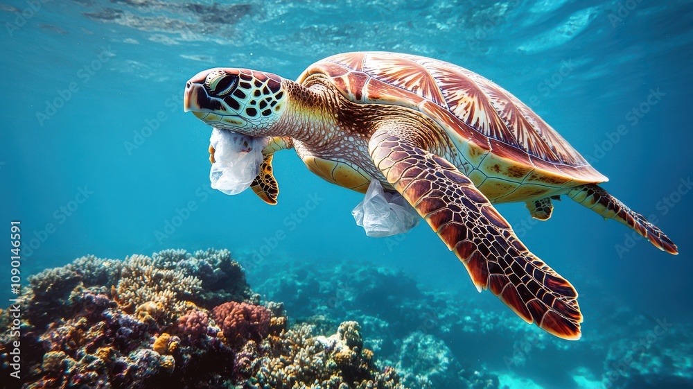 Fototapeta premium A vibrant sea turtle swimming through a beautiful coral reef.