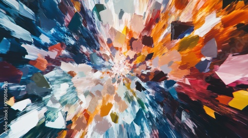 An abstract depiction of floating shards in various colors converging towards a center, Representing the coming together of different perspectives and experiences into a unified whole