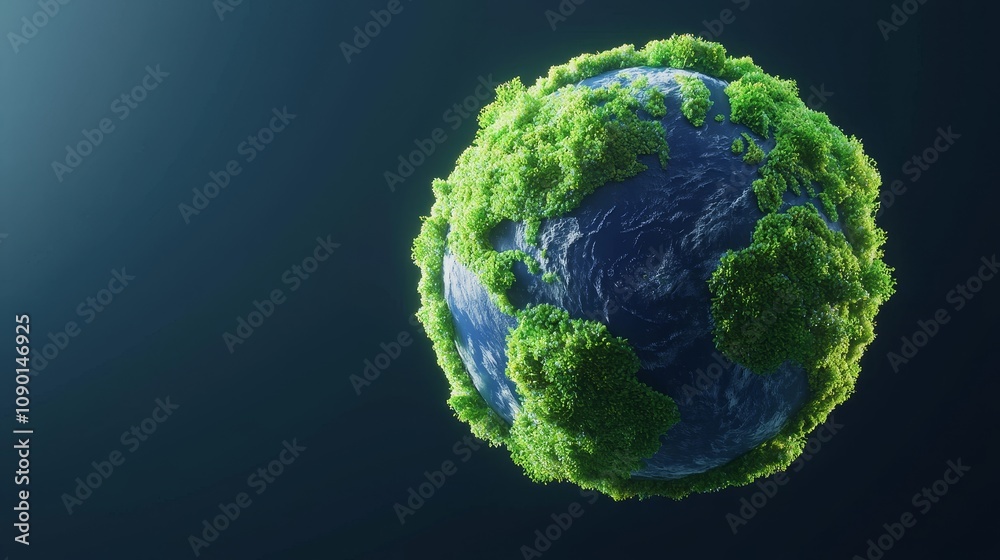 Fototapeta premium Planet earth surrounded by lush greenery nature 3d illustration dark background environmental awareness concept
