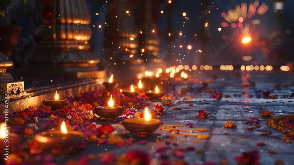 custom made wallpaper toronto digitalA Colorful Diwali Scene with Diyas, Lit Rangoli Designs

