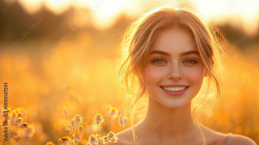 Fototapeta premium Experience the bliss of golden hour as a young woman finds peace in a sunset meadow, radiating joy and connection with nature.