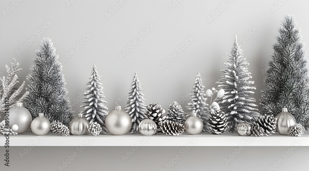 Obraz premium A festive display of silver trees, ornaments, and pinecones arranged on a shelf, creating a winter wonderland atmosphere.