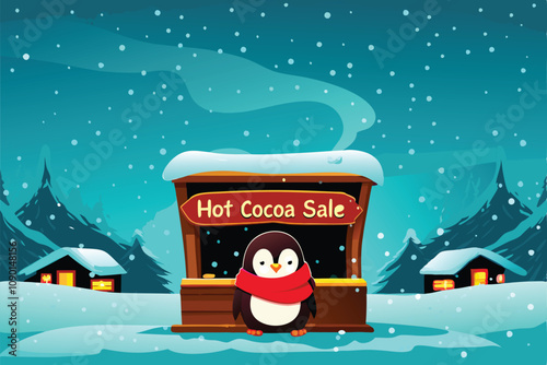 A cute penguin wearing a scarf sits amidst a snowy, cozy winter scene, near a warm cabin.