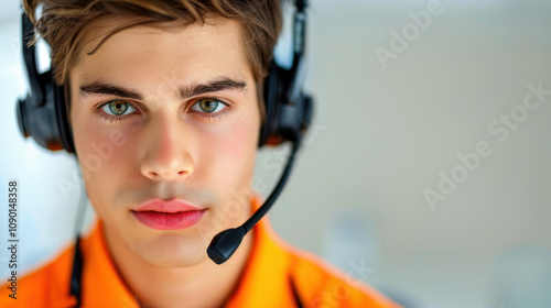 A dispatcher engages with a client using a handsfree headset, ensuring clear communication in a busy call center. photo