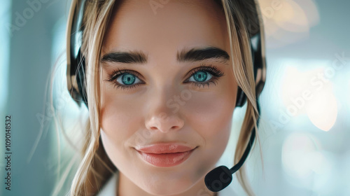 Friendly support agent assists customers with queries while managing calls in a bustling call center environment. photo