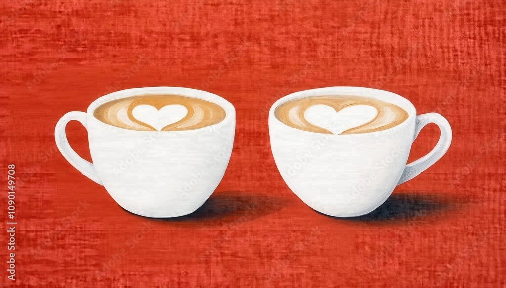 Fototapeta premium Two Latte Art Coffee Cups with Heart Design on Red Background