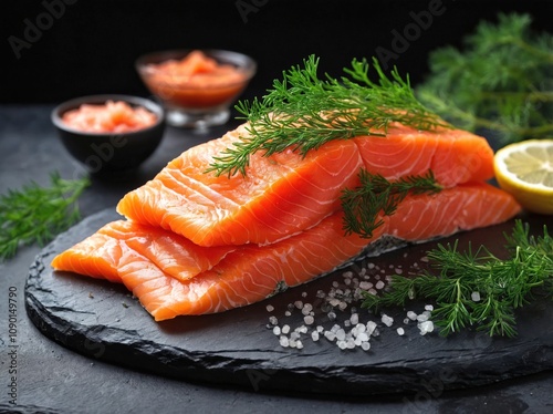 Gravlax slices layered neatly on a matte black slate, topped with sprigs of dill and a sprinkle of coarse sea salt. photo