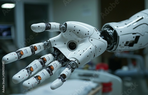 Patients are operated on by highly accurate programmable autonomous humanoid robot arms at a state-of-the-art hospital. photo