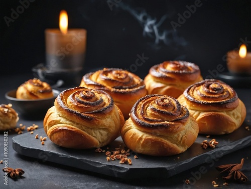 Kanelbullar placed on a matte black serving board photo