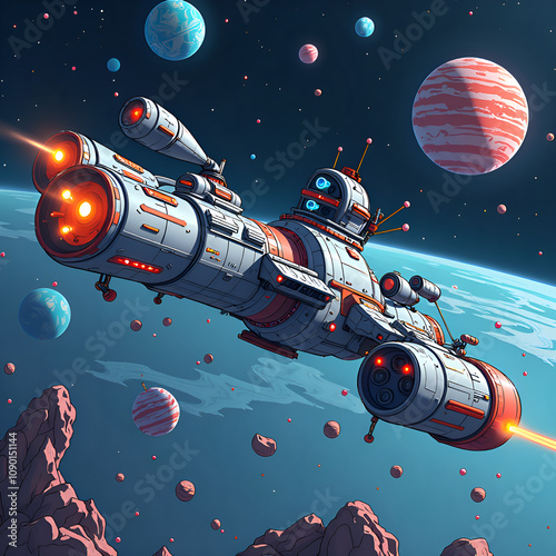 Wallpaper Mural A futuristic spaceship exploring distant planets in a vibrant cosmic landscape, digital illustration of science fiction concept. Torontodigital.ca