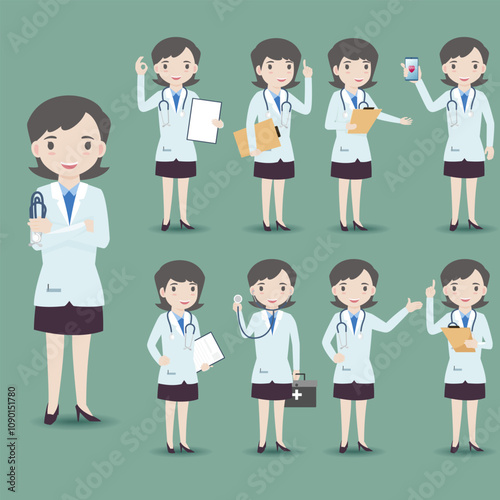 Female doctor character set. Different poses and emotions. Vector illustration