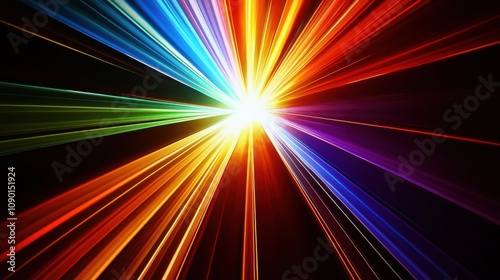 An abstract image of radiating, colorful beams of light converging towards a central point, Representing the dynamic energy and unity formed from the convergence of diverse perspectives