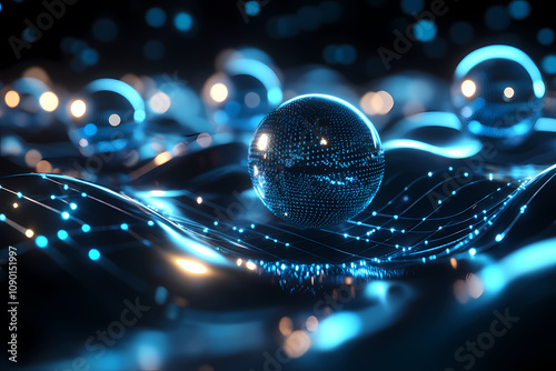 Floating Metallic Spheres with Glowing Data Streams Techno Background photo