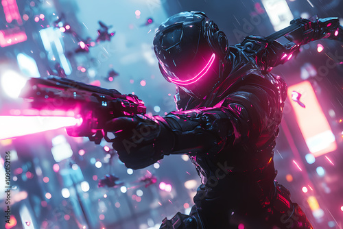 Cybernetic Warrior Fighting Robotic Enemies - Gaming Wallpaper