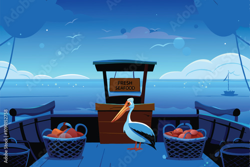 A weathered fisherman's dock, a pelican perched proudly, promoting "Fresh Catch" seafood.  Rustic charm, vibrant colors.