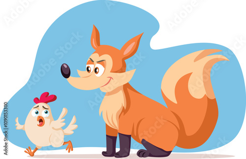 Funny Hen Running Away from the Fox Vector Cartoon. Stressed chicken feeling fearful of becoming the pray tries to escape 
