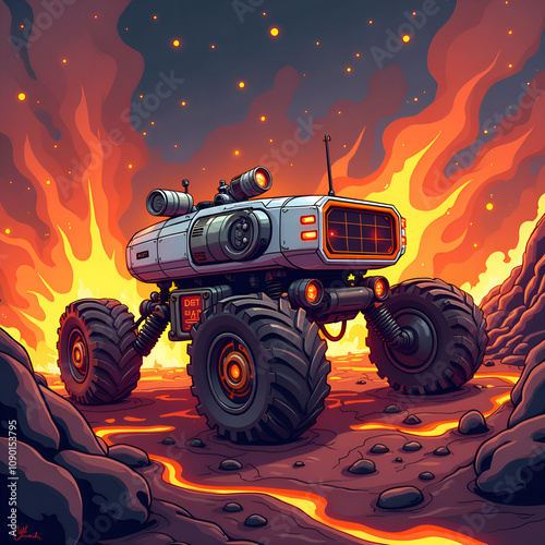 Futuristic rover braving lava fields with fiery eruptions in the background, digital art of science fiction concept. photo