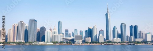 Empty square in front of Tianjin city skyline with modern skyscrapers and clear blue sky in the background, cityscape, urban, clear sky