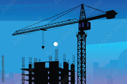 A vibrant gradient background showcasing a massive construction crane silhouetted against a sunset, emphasizing industrial power and urban development.