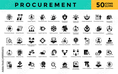 Procurement icons set with supplier compliance, vendor bidding, supplier network, procurement audit, procurement outsourcing, procurement compliance icon. Simple glyph vector 
