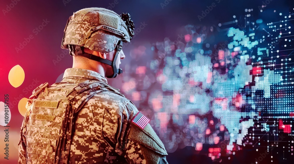 Obraz premium Soldier in Tactical Gear Analyzing Data Visualization Display with Red and Blue Light Effects in a Modern Military Context