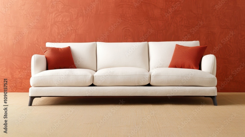 Naklejka premium A chic modern living room featuring a cozy sofa adorned with stylish white and terra cotta pillows for a warm vibe.