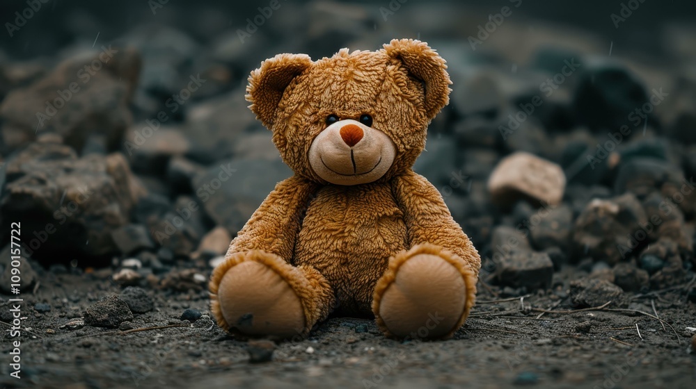 A sad teddy bear lies in a ditch, covered in dirt with wornout fur, longing for a childs embrace once more.