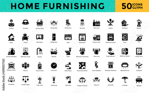 Home Furnishing icons set with pet bed, pet bowl, kitchen island, dining table, dining chair, bar stool, wine rack, cutlery, cookware, blender icon. Simple glyph vector 
