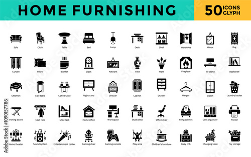 Home Furnishing icons set with sofa, chair, table, bed, lamp, desk, shelf, wardrobe, mirror, rug icon. Simple glyph vector 

