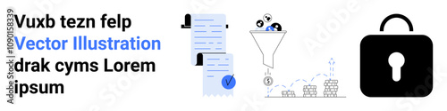 Documents beside a funnel processing money, growth chart, and security lock. Ideal for business analysis, financial management, growth strategy, data processing, content curation, document