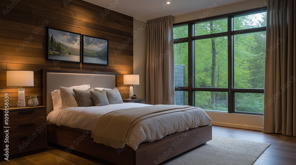 Fototapeta premium Contemporary bedroom with dark wood furniture and ambient lighting - Bedside lamps casting soft light, large windows showing the night sky, clean and organized space