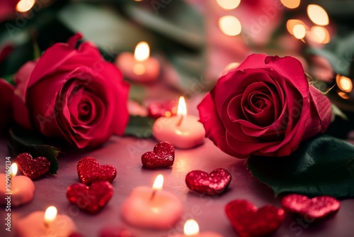 A romantic table setting featuring elegantly arranged candles and red roses, complemented by decorative hearts, perfect for a Valentine's Day celebration.
