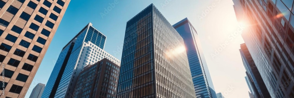 Obraz premium Modern office building with sleek architecture standing tall against a clear blue sky, tall building, urban, facade