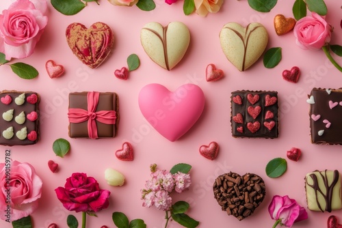 A vibrant display of assorted chocolates and fresh flowers elegantly arranged on a soft pink surface, perfect for celebrating love on Valentine's Day.