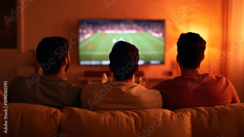 Friends enjoying a sports game together in a cozy living room.