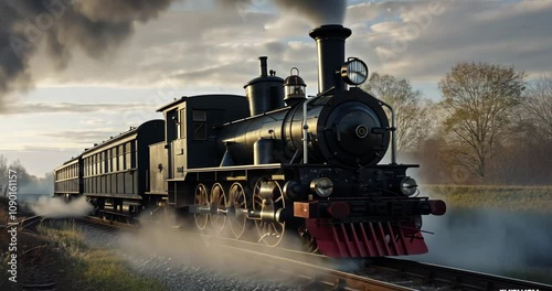 Classic steam engine puffing smoke on rural tracks, 4K Video