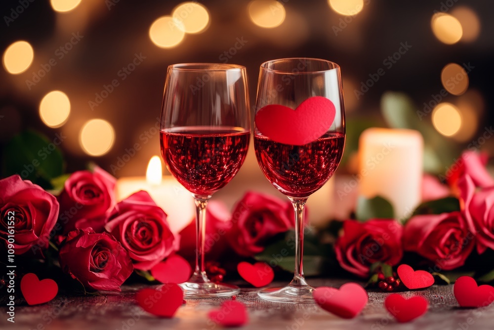 A romantic setting featuring roses and candles, complemented by two glasses of wine, perfect for celebrating Valentine's Day with love and intimacy. A romantic setting featuring roses and candles, complemented by two glasses of wine, perfect for celebrating Valentine's Day with love and intimacy.