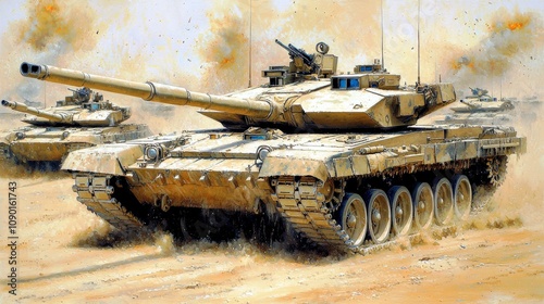 Dynamic Military Scene Featuring a Modern Battle Tank Amidst Desert Terrain with Dust Clouds and Explosions in the Background