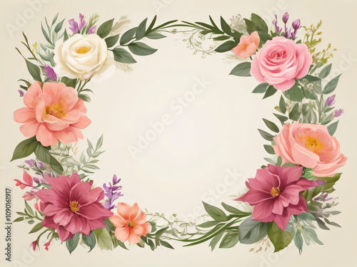 Blank wedding invitation surrounded by watercolor flowers.